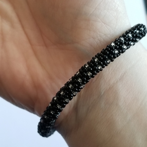 Beaded roll on bangle bracelet black seed beads glass - Picture 2 of 8